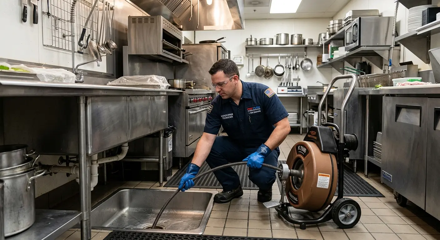 Commercial drain cleaning service in a restaurant kitchen in Pinehurst