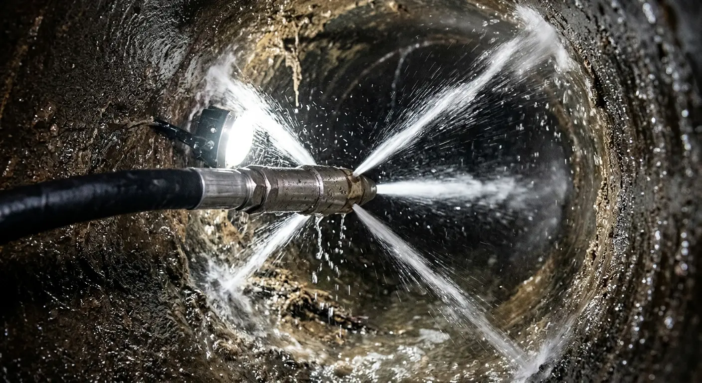High-pressure hydro jetting nozzle cleaning sewer pipe for Trenchless Sewer Repair in Pinehurst