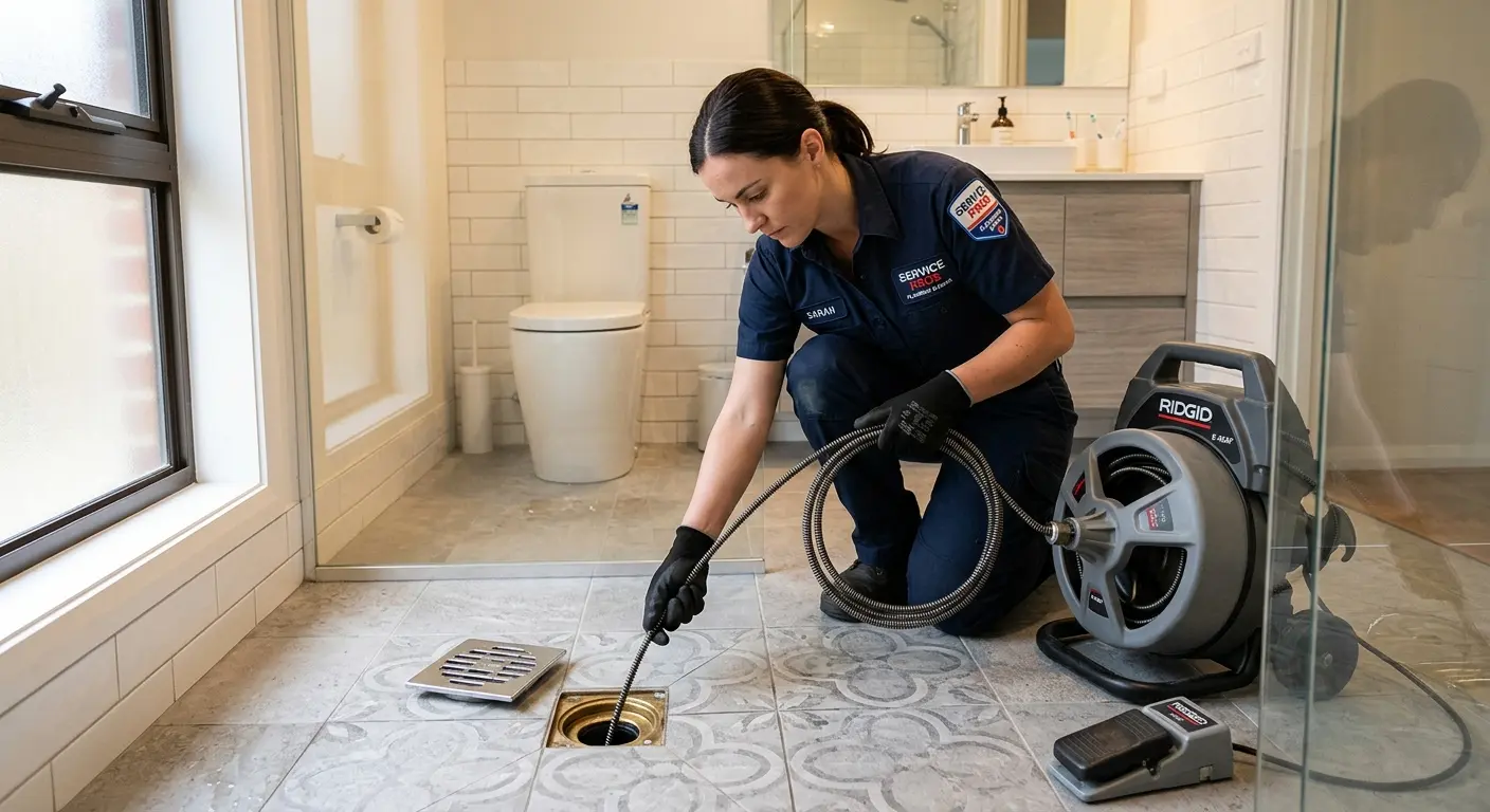 Technician clearing a bathroom floor drain for Clogged Drain Repair in Pinehurst